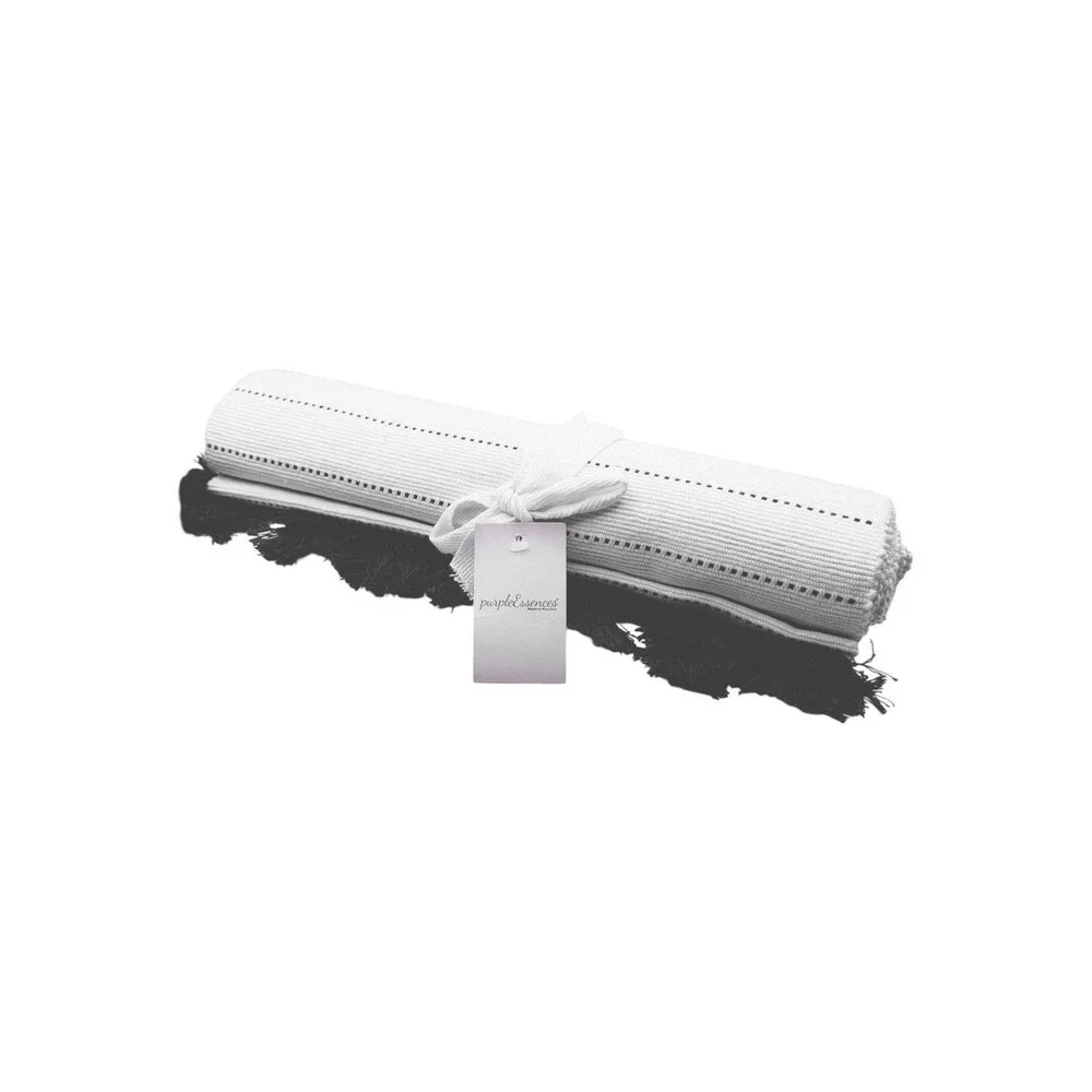 PurpleEssences Cotton Table Runner 14x72 White Gray Stripe Tassels Farmhouse NEW